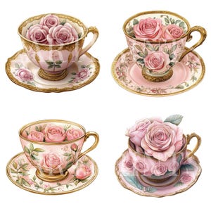 25 Beautiful Shabby Chic Teacup Clipart | Printable | Watercolor Flowers Cups Designs Bundle | Commercial Use