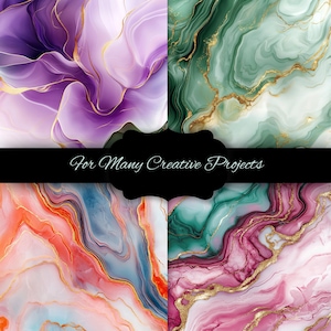 May include: Four abstract digital art pieces with flowing, marbled designs. The color palette includes purple, green, orange, and pink, accented with gold veins. The text "For Many Creative Projects" is displayed in a black banner.