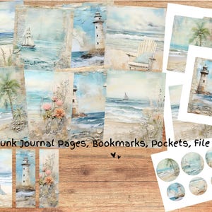 Pastel Coastal Junk Journal Pages Kit, Collage Printable Ocean Beach Digital Paper, Bookmarks, Pockets, File Folders