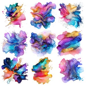 24 Abstract Color Splash Element Clipart Bundle, Colorful Paint Splatter PNG Graphics, Pastel Watercolor Alcohol Ink Elements,Commercial Use