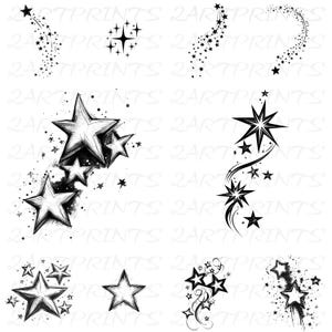 May include: A set of eight black and white illustrations of stars and shooting stars. The illustrations are drawn in a simple, stylized manner and would be suitable for use as tattoos, stickers, or other decorative purposes.