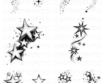 50 Sparkling Stars Clipart, Sparkle Shooting Star Outline PNG Pattern, Falling Stars Tattoo SVG Designs Bundle | Commercial Use
