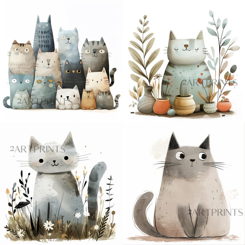 Cat PNG Clipart, Quirky Cats Clip Art, Cat & Kitten Images, Cute Cat Graphics, Funny Whimsical Kitty Cats Art Digital Bundle
