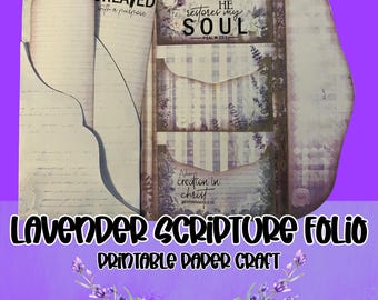 Lavender Bible Scripture Folding Folio Kit, Pockets, Tags, Cards, Bookmark, Trifold Folder Envelope, Printable Paper Craft For Junk Journal