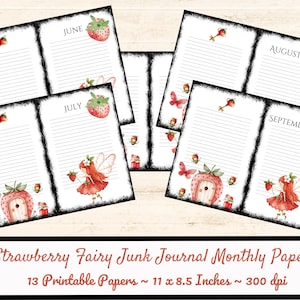 Papeles de diario con rayas de fresa / Papeles imprimibles mensuales para escribir / Papeles de calendario / Papel para tomar notas / Papel para cartas de cuaderno