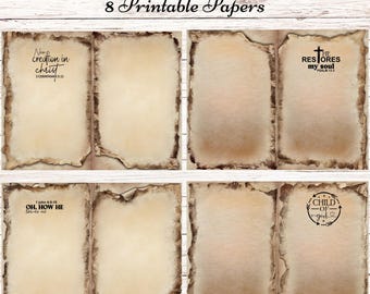 Puede incluir: Ocho papeles de diario imprimibles con una apariencia vintage y envejecida. Cada página presenta un borde rasgado y un fondo descolorido en tonos sepia. Los papeles incluyen citas y frases religiosas, como "Nueva creación en Cristo" y "Hijo de Dios".