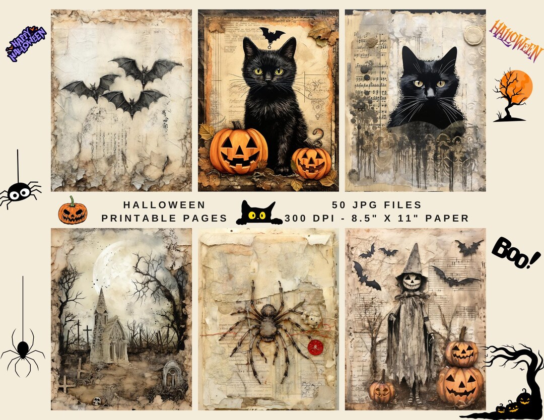 50 Printable Halloween Cat Pumpkin Papers Junk Journal Pages | Gothic ...