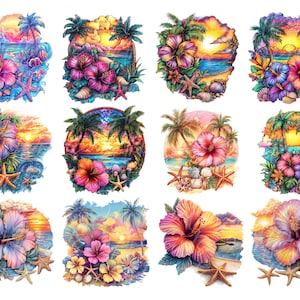 Peut inclure: Douze illustrations numériques de scènes tropicales avec des fleurs d'hibiscus, des palmiers et des couchers de soleil. Chaque illustration est encadrée d'une bordure circulaire.