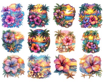 May include: Twelve digital illustrations of tropical scenes with hibiscus flowers, palm trees, and sunsets. Each illustration is framed with a circular border.
