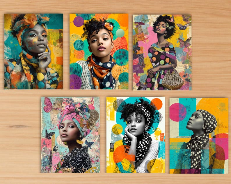 39 Whimsical African American Mixed Media Afrocentric Art, Feminine Ladies Collage Journal Papers Kit, Soulful Black Women Pages, Printable image 4