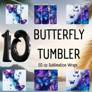 Serene blauwpaarse vlinder magere beker wrap sublimatie ontwerpen, png | 3D-alcoholinkt vlinder 20oz skinny bekerverpakking