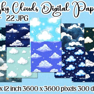 Boho Sky Cloud Digital Paper, Clouds Background, Cloud Patterns, Junk Journal, Clouds Backdrops, Commercial Use