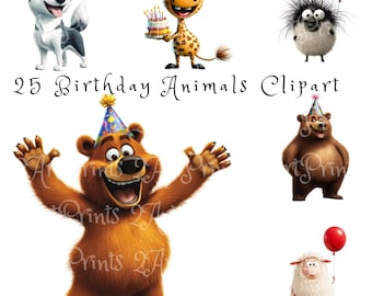25 Birthday Party Animals PNG Clipart Bundle, Cute & Funny Celebration Cartoon Animal Invitation Card Designs Graphics Set 3, Commercial Use