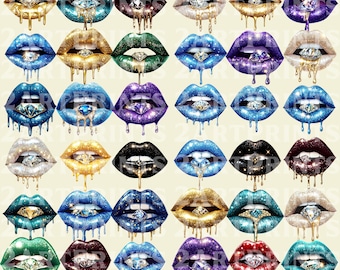 37 imágenes prediseñadas PNG de labios brillantes con diamantes / Gráfico de hip hop con labios goteando para camisetas, sublimación, paquete de ropa urbana / Uso comercial