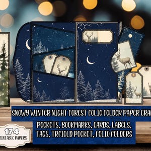 May include: A paper craft set featuring a snowy winter night forest theme. The set includes a trifold pocket, folio folders, tags, labels, cards, and bookmarks. The design incorporates images of deer, pine trees, and a crescent moon against a dark blue background. The set includes 174 printable papers.