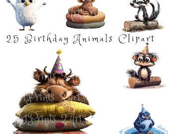 25 Birthday Party Animals PNG Clipart Bundle, Cute & Funny Celebration Cartoon Animal Invitation Card Designs Graphics Set 1, Commercial Use