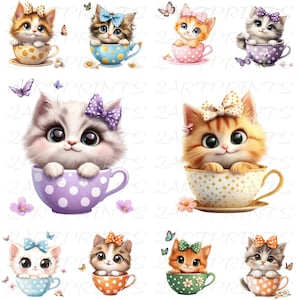 Clipart di una tazza da tè floreale con gatto, clipart di acquerello in formato PNG, diario di scarto, album di ritagli, creazione di biglietti, download digitale, stravagante, gattino