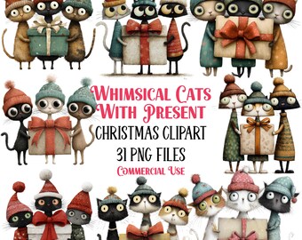 31 Whimsical Christmas Cats PNG Clipart Graphics | Cute Festive Holiday Cat Designs | Commercial Use