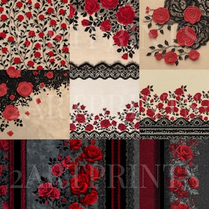 Può includere: Un collage di motivi floreali con rose rosse e pizzo nero su vari sfondi. I disegni includono tralci di rose, bordi e composizioni, con un'estetica vintage. Il testo "2A PRINT" è visibile in alcune immagini.