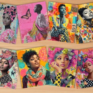 May include: A collection of colorful art prints featuring portraits of women with vibrant backgrounds. The artwork incorporates butterflies, floral elements, and mixed media textures. The portraits showcase diverse styles and expressions, with a focus on bold colors and patterns.