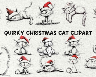 23 Quirky Christmas Cat Png Clipart Bundle, Funny Festive Whimsical Sketch Doodle Santa Cats Graphics | Commercial Use