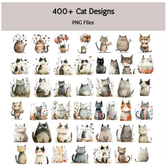 400+ Cute & Quirky Cat PNG Clipart Designs | Kitten Images | Funny Cats | Whimsical Kittens | Mega Digital Graphics Bundle