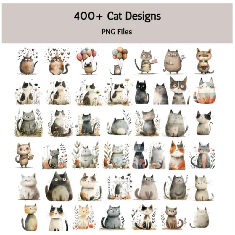 Cat PNG Clipart, Quirky Cats Clip Art, Cat & Kitten Images, Cute Cat Graphics, Funny Whimsical Kitty Cats Art Digital Bundle