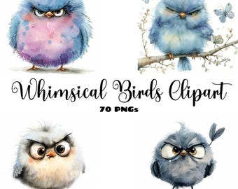 70 Funny Watercolor Bird PNG Clipart Bundle, Fluffy Whimsical Quirky Cartoon Birds For Card Designs Journal DIY Crafts Printable