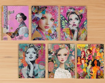 48 Whimsical Collage Ladies Papers, Journal Pages, Beautiful Women Backgrounds, Colorful Mixed Media Girl Card Papers, Printable Bundle