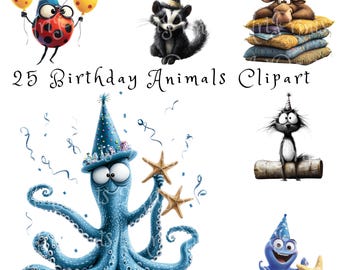 25 Birthday Party Animals PNG Clipart Bundle, Cute & Funny Celebration Cartoon Animal Invitation Card Designs Graphics Set 2, Commercial Use