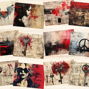Op de afbeelding: Een collage van tien abstracte kunstprints met verschillende thema's, waaronder harten, sleutels, vredestekens en een vrouwen gezicht. De prints zijn allemaal in een verweerde, vintage stijl met een mix van rode, zwarte en witte kleuren.