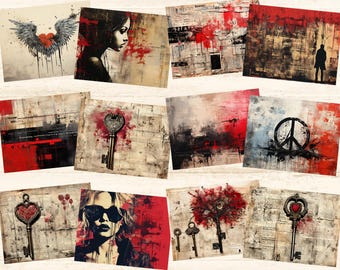 60 Grunge Journal Page Background Papers Kit, Grungy Junk Journal Printable Sheets, Distressed Mixed Media Digital Scene Art, Decoupage