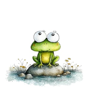 Könnte beinhalten: Eine skurrile Illustration einer Cartoon-Froschfigur mit großen, ausdrucksstarken Augen. Der Frosch ist leuchtend grün mit einem gelben Bauch und sitzt auf einem grauen Stein im Wasser. Zarte gelbe Blumen und Gräser umgeben den Stein.