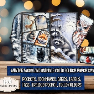 May include: A decorative paper craft folio folder featuring winter woodland animals. The design includes illustrations of a deer, fox, bear, owl, and raccoons in a snowy forest scene. Text includes "Winter Woodland Animals Folio Folder Paper Craft".