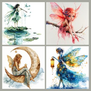 May include: A digital painting of four fairies. The first fairy is playing a flute and has a blue and green dress. The second fairy has pink wings and a red dress. The third fairy is sitting on a crescent moon and has a blue and gold dress. The fourth fairy is holding a lantern and has blue wings and a blue dress.