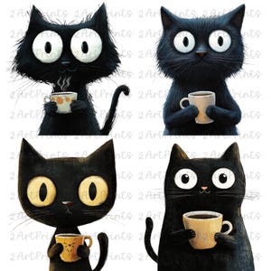 May include: Four black cats with large eyes and white accents are holding mugs of coffee or tea. The cats are illustrated in a cartoon style.
