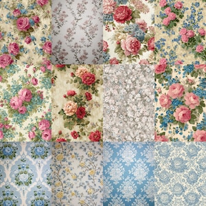 Puede incluir: Un collage de patrones florales con rosas y otras flores en varios colores. Los diseños incluyen flores rosas, rojas, azules y amarillas sobre fondos crema, beige y azul. Algunos patrones tienen una estética vintage, similar al papel pintado.