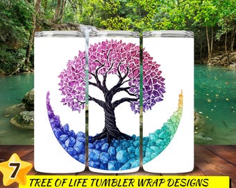 7 Tree Of Life Tumbler Wrap 20oz Skinny Sublimation Tumbler Wrap, Nature Sublimation Design, Colorful Tree Tumbler PNG Designs