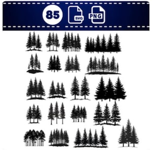 Tree Forest Silhouette SVG PNG Clipart Bundle, Tall Pine & Spruce Trees Vector Set Of 85 Graphic Designs (Commercial Use)