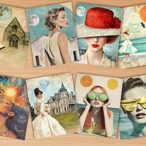 50 afdrukbare surrealistische collage vrouwen ongewenste tijdschrift achtergrondpapier, trendy retro zomer gemengde media abstracte pagina's bundel papier