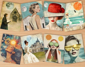 50 Papéis Surrealistas para Diário de Retalhos com Colagens de Mulheres, Retratos Abstratos de Rostos Femininos em Estilo Retrô, Fundos para Cartões e Cartões, Imprimíveis de Moda Feminina