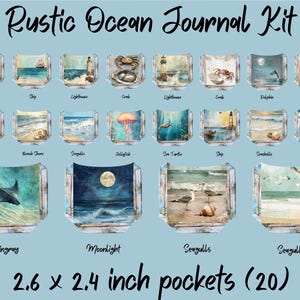 May include: A set of 20 rustic ocean-themed journal pockets, each measuring 2.6 x 2.4 inches. The pockets feature various ocean scenes, including stingrays, seashells, lighthouses, crabs, dolphins, and seagulls.