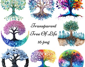 Paquete de 16 imágenes prediseñadas de árboles de la vida arcoíris coloridos, imágenes prediseñadas de árboles abstractos vibrantes en acuarela, diseños gráficos para sublimación.