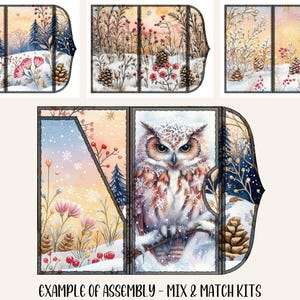 May include: Watercolor winter scene panels with an owl, snow, and pine cones. The panels feature a mix of winter flora and fauna. The text "EXAMPLE OF ASSEMBLY - MIX & MATCH KITS" is at the bottom.