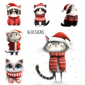 Cute Christmas Cartoon Cats Clipart PNG | Junk Journal Cats | Cats For Scrapbook Kit & Handmade Cards, Whimsical Characters | Commercial Use