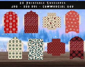 20 Printable Christmas Envelopes, Junk Journal Ephemera, Holiday Kit Paper Craft, Card Making Foldable Pockets, Winter Gift Envelope (6x4in)