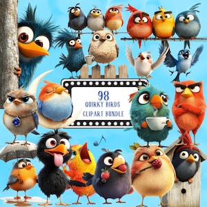 Imágenes prediseñadas de pájaros divertidos, PNG, imágenes prediseñadas de acuarela, para: diario basura, álbum de recortes, creación de tarjetas, descarga digital, paquete de pájaros peculiares
