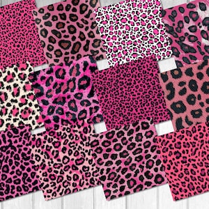 May include: A digital paper pack with 12 different pink and black leopard print patterns. The patterns are arranged in a grid.
