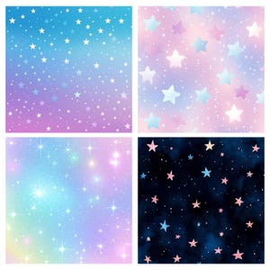 May include: Four different seamless patterns featuring stars on a gradient background. The patterns are in shades of blue, pink, purple, and black.