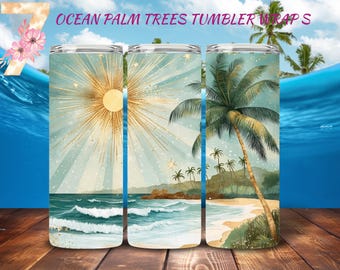 7 Beach Palm Trees Tumbler Wrap Designs | Tropical Summer Ocean PNG Digital Download